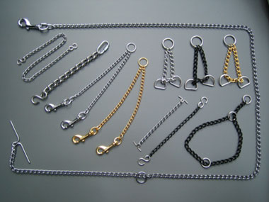 柳瀬製作所で作成した依頼商品の例　様々な金属鎖製品です