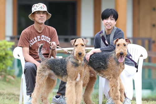 高知県 四万十市 Yさまのワンちゃん　エアデールテリアの　リー君とコー君、そしてご家族揃っての写真　です